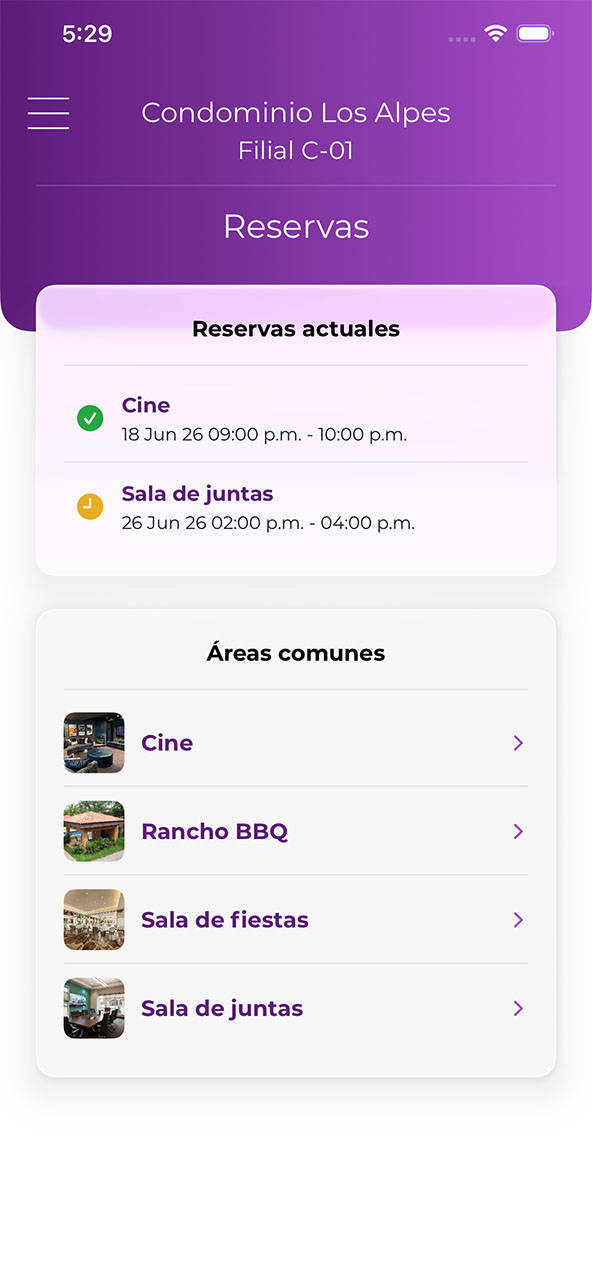 Pantalla de reservas de GoCondo